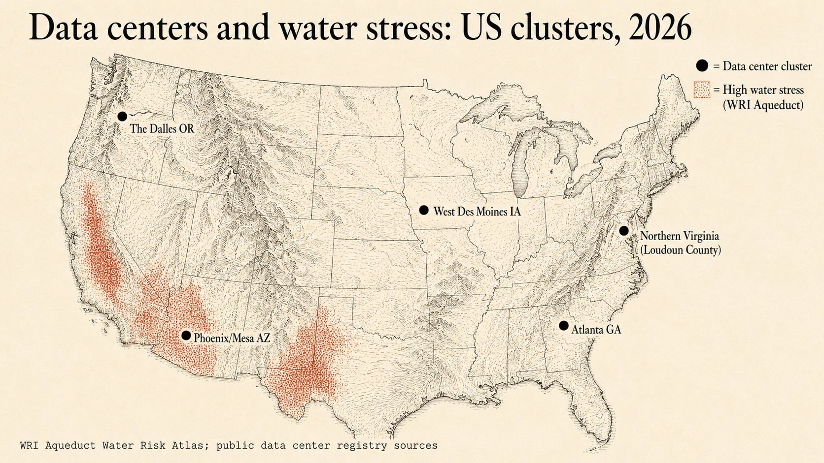 Hand-drawn editorial map of the contiguous United States showing major data center cluster locations as black dots, overlaid on high-water-stress regions shaded in red across California, Arizona, southern Nevada, west Texas, and eastern New Mexico. Labelled clusters include The Dalles Oregon, West Des Moines Iowa, Northern Virginia Loudoun County, Phoenix and Mesa Arizona, and Atlanta Georgia. Title reads Data centers and water stress, US clusters, 2026.