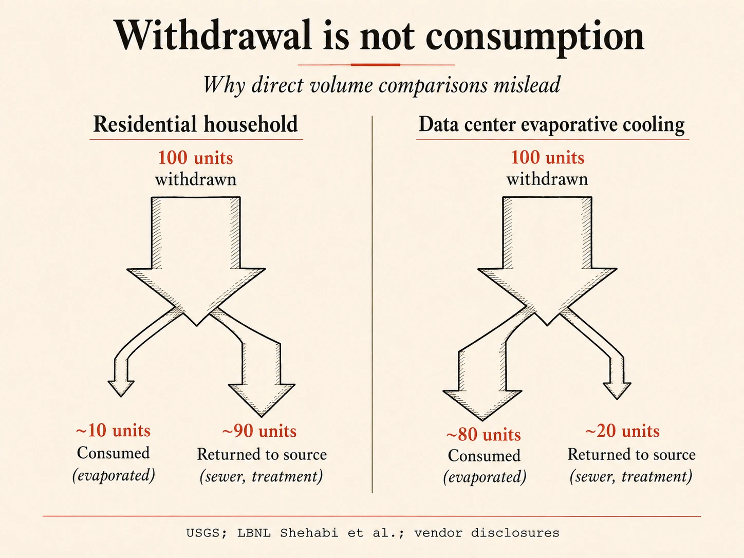 Two-column diagram contrasting water withdrawal with water consumption. Left column, labelled Residential household: 100 units withdrawn split into about 10 units consumed and about 90 units returned to source. Right column, labelled Data center evaporative cooling: 100 units withdrawn split into about 80 units consumed and about 20 units returned. Title reads Withdrawal is not consumption.
